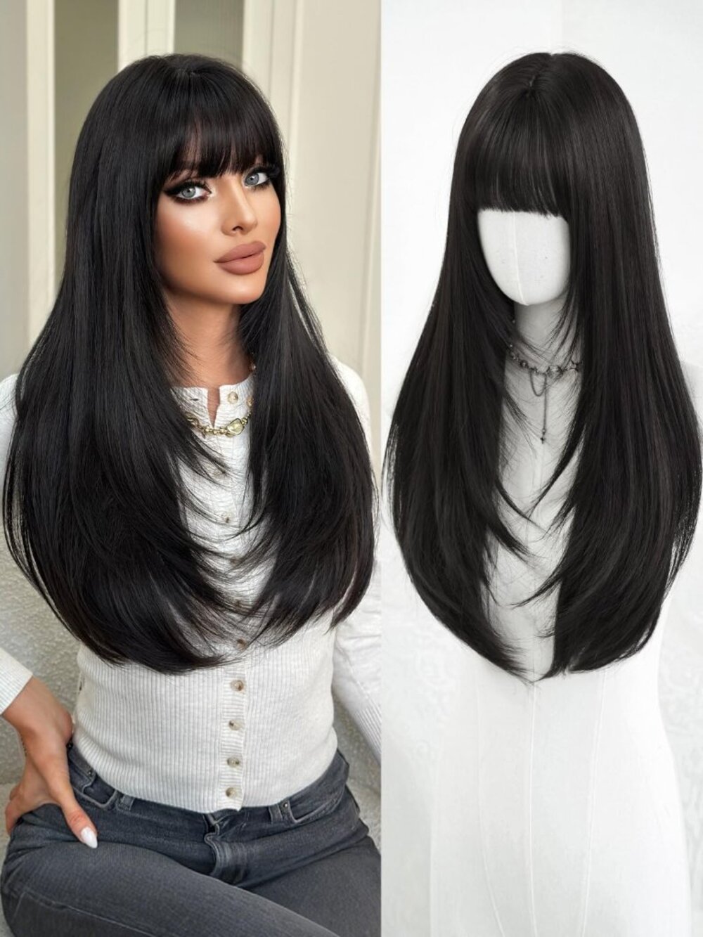 Women's Natural Black 26 Inch Heat Resistant Synthetic Long Straight Wigs Bangs